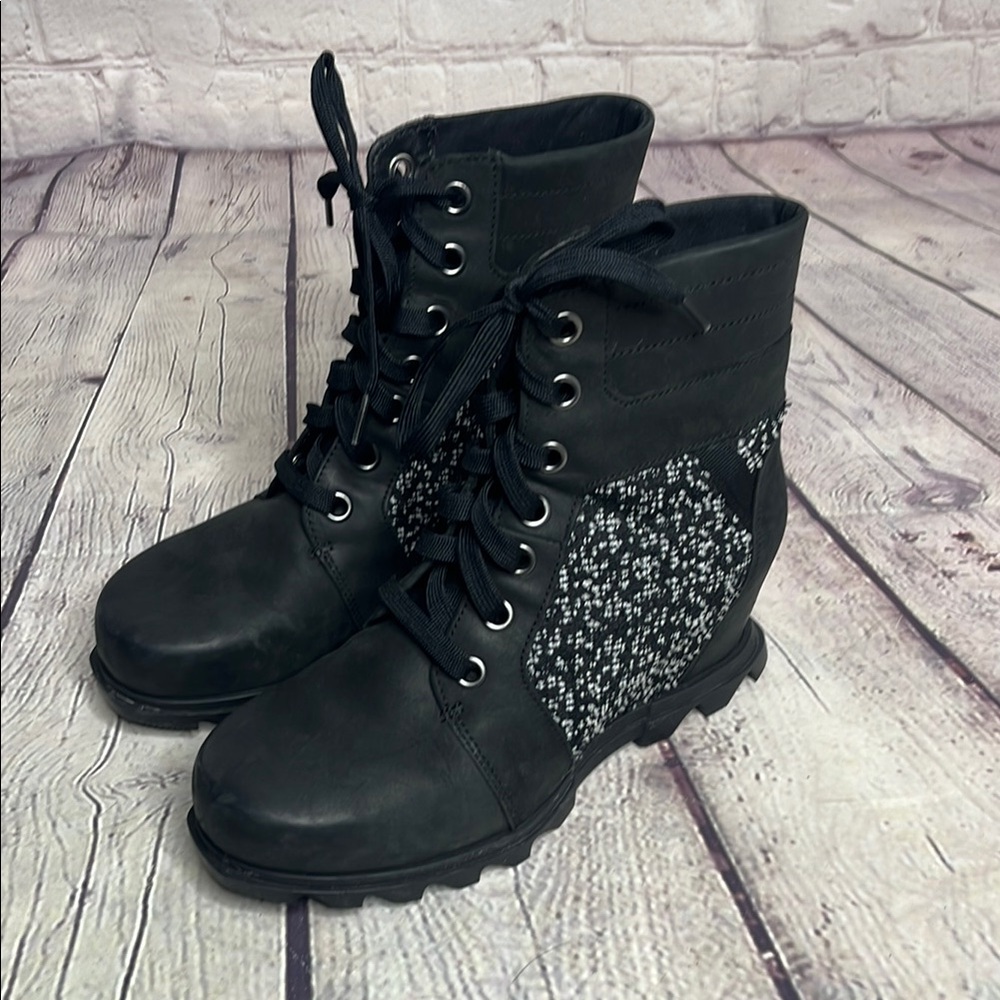 Sorel Joan of Arctic Waterproof Wedge III Lexie Lace-Up Bootie Black Sea Salt